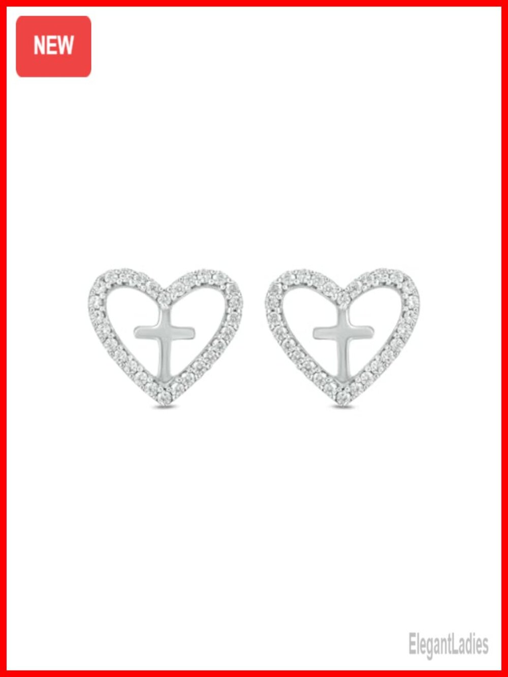 1/10 ct Natural Diamond Heart Cross Stud Earrings 925 Sterling Silver